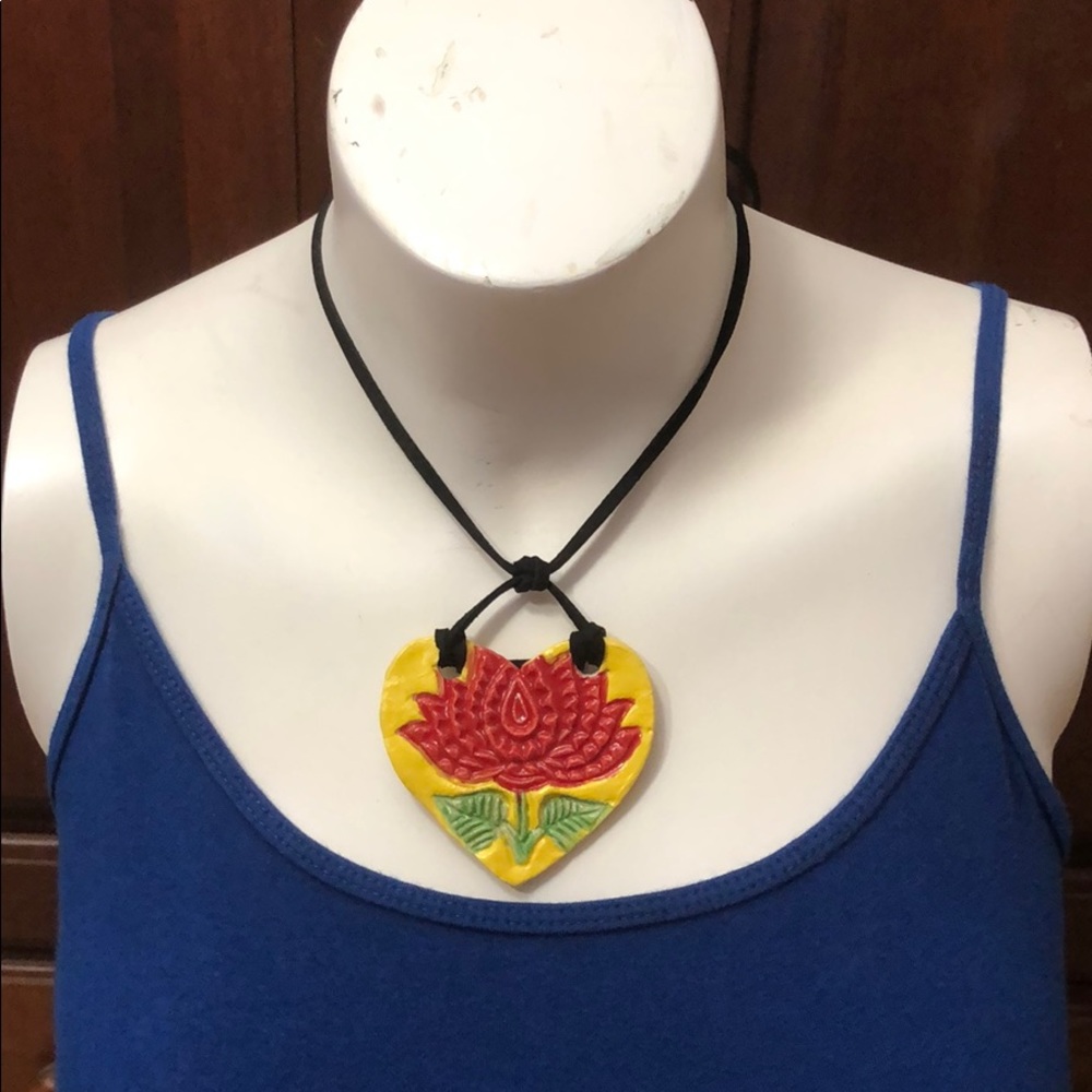 BOHO Ceramic Lotus Flower Ceramic Heart Adj. Suede Necklace